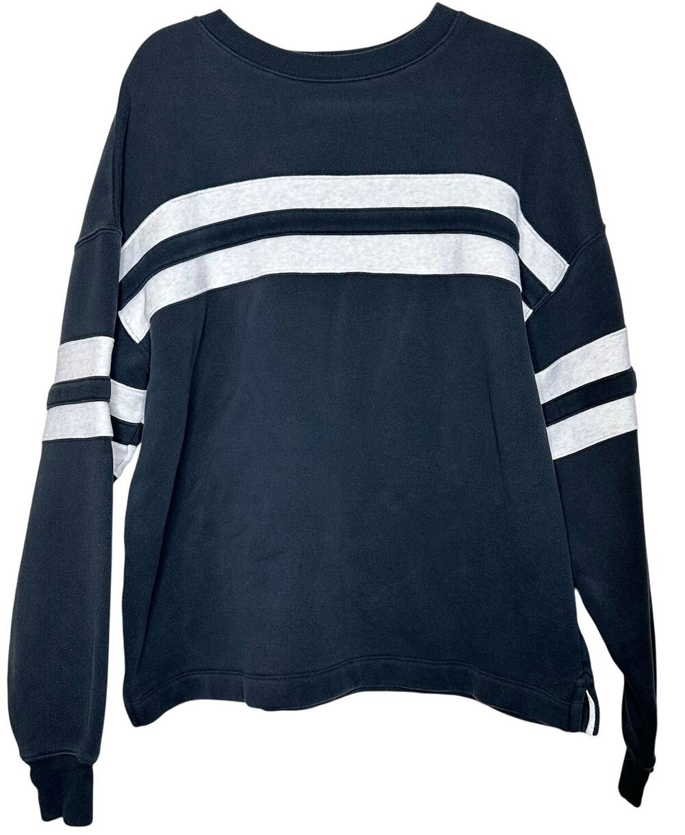 Nuuds Varsity Crewneck Sweatshirt Pullover Oversized Washed Black Bone Stripe XS